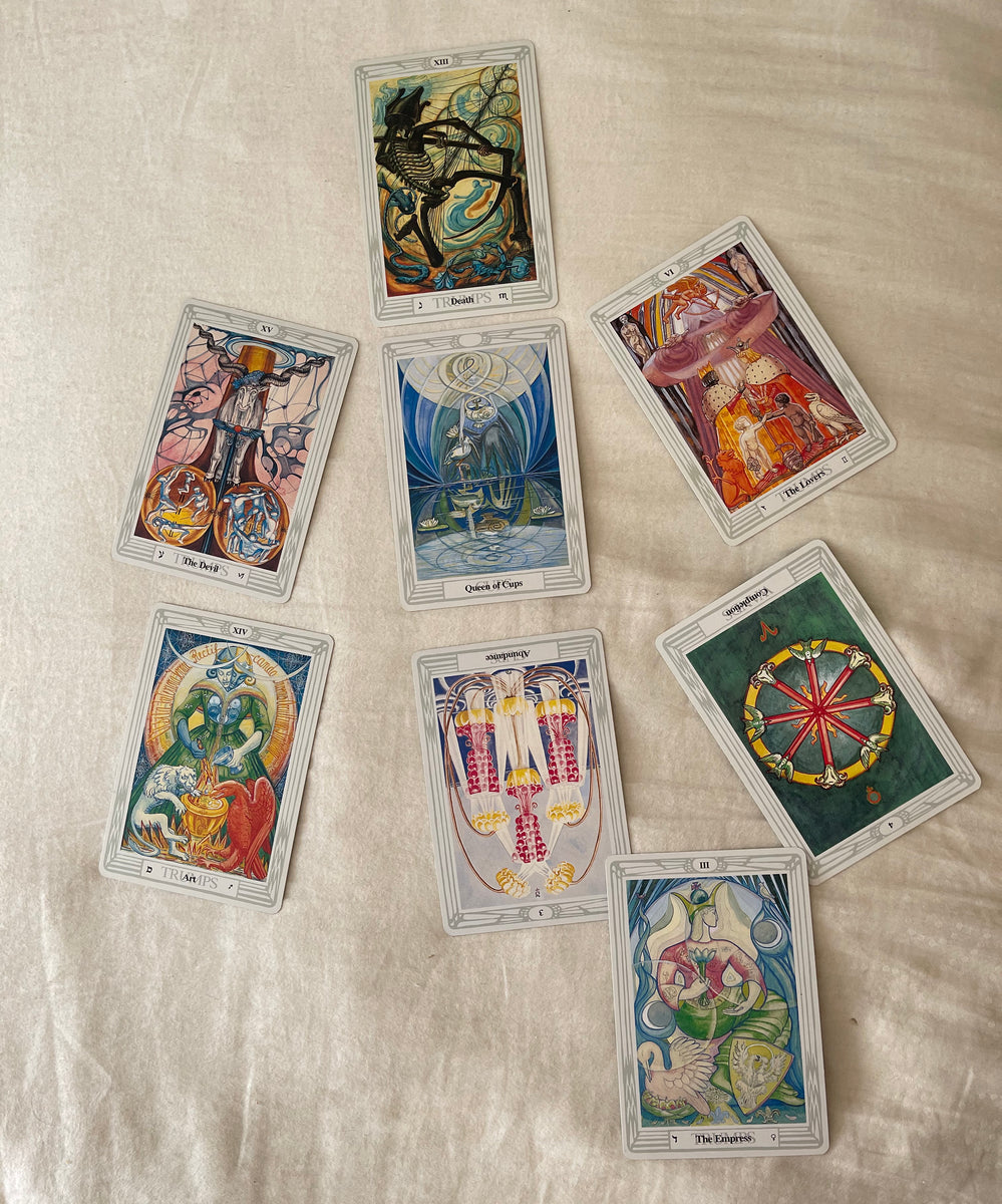 Tarot cards spread on a table