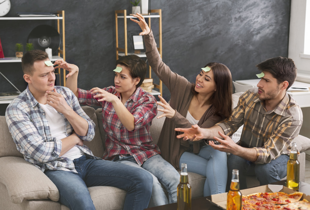 Friends playing party games on game night